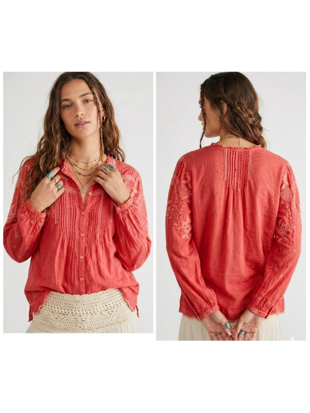 Johnny Was Helia Blouse Coral Pink Embroidered Cupra Rayon Eyelet Top Size M